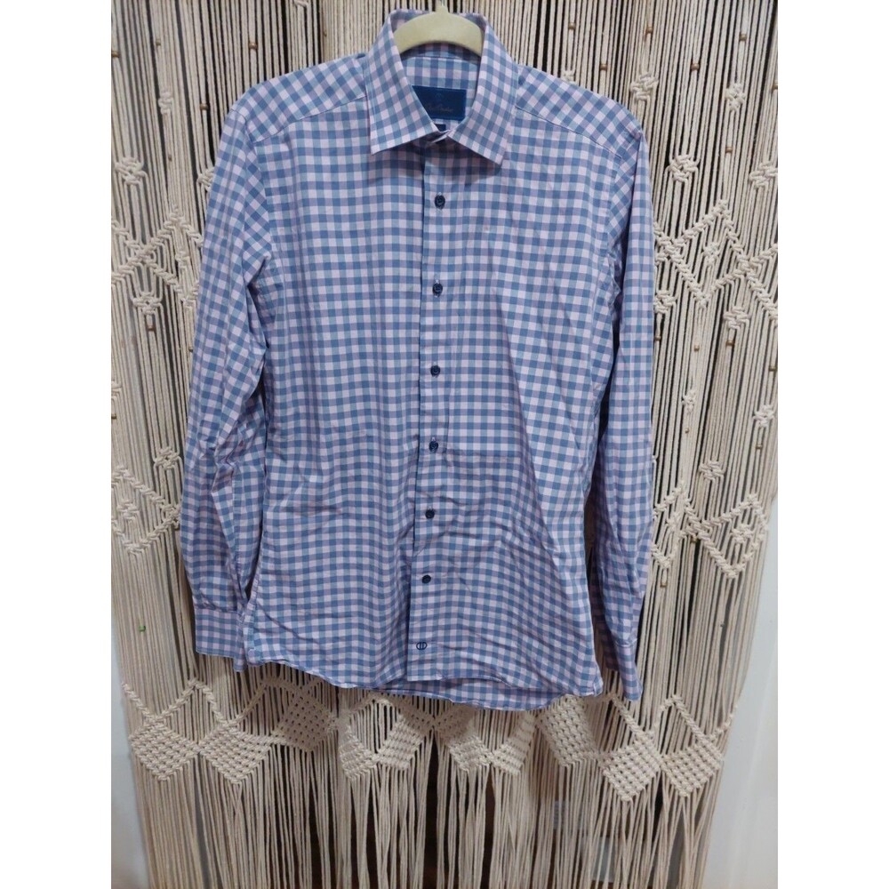 David Donahue Dress Shirt Mens 15.5 34/35 Trim Fit Pink Purple Check EUC